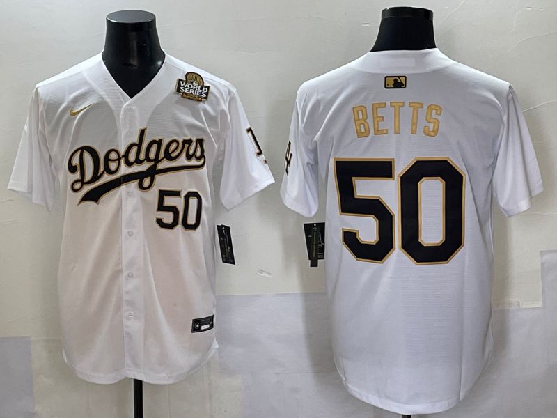 Men 2025 Los Angeles Dodgers #50 Betts White Gold Nike MLB Jersey style 6275->los angeles dodgers->MLB Jersey
